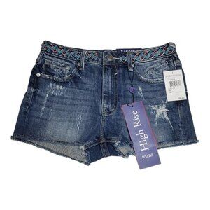 NWT Vigoss Jagger Jean Shorts Sz 26‎ Embroidered Frayed Hems Whiskered Mid-Rise